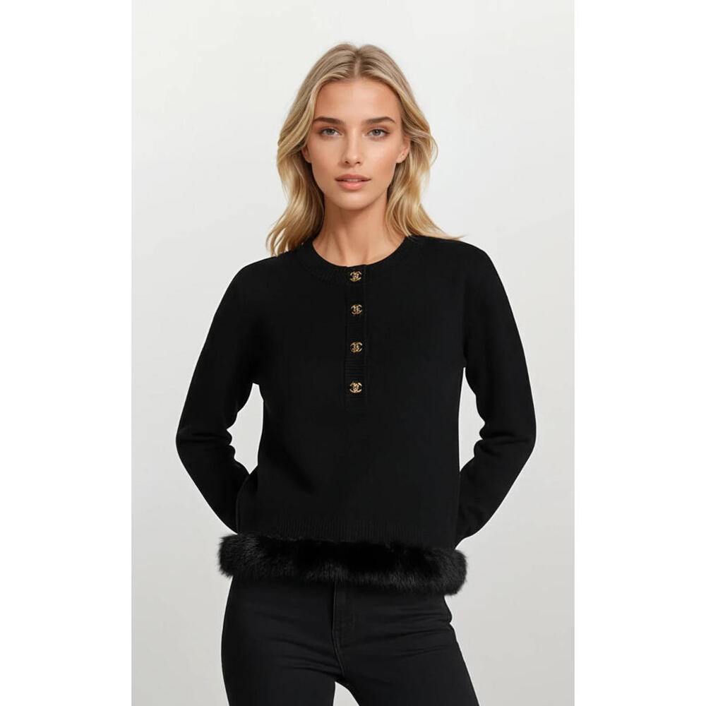 Vintage Chanel Black Wool Sweater With Mink Trim CC Logo Gold Buttons  40